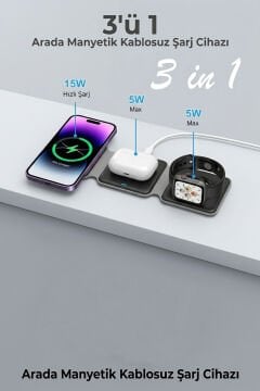 Bix Katlanabilir Manyetik Kablosuz Şarj Cihazı 15W 3'ü 1 Arada Wireless Şarj Standı