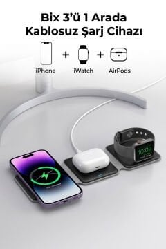 Bix Katlanabilir Manyetik Kablosuz Şarj Cihazı 15W 3'ü 1 Arada Wireless Şarj Standı