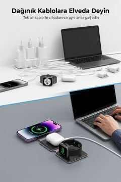 Bix Katlanabilir Manyetik Kablosuz Şarj Cihazı 15W 3'ü 1 Arada Wireless Şarj Standı