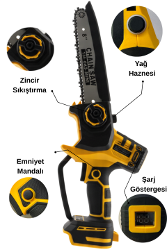 BN5 Çift Akülü Dijital Şarjlı 36V 5.0Ah Testere Profesyonel Dal Budama Ağaç Kesme Makinesi - Sarı