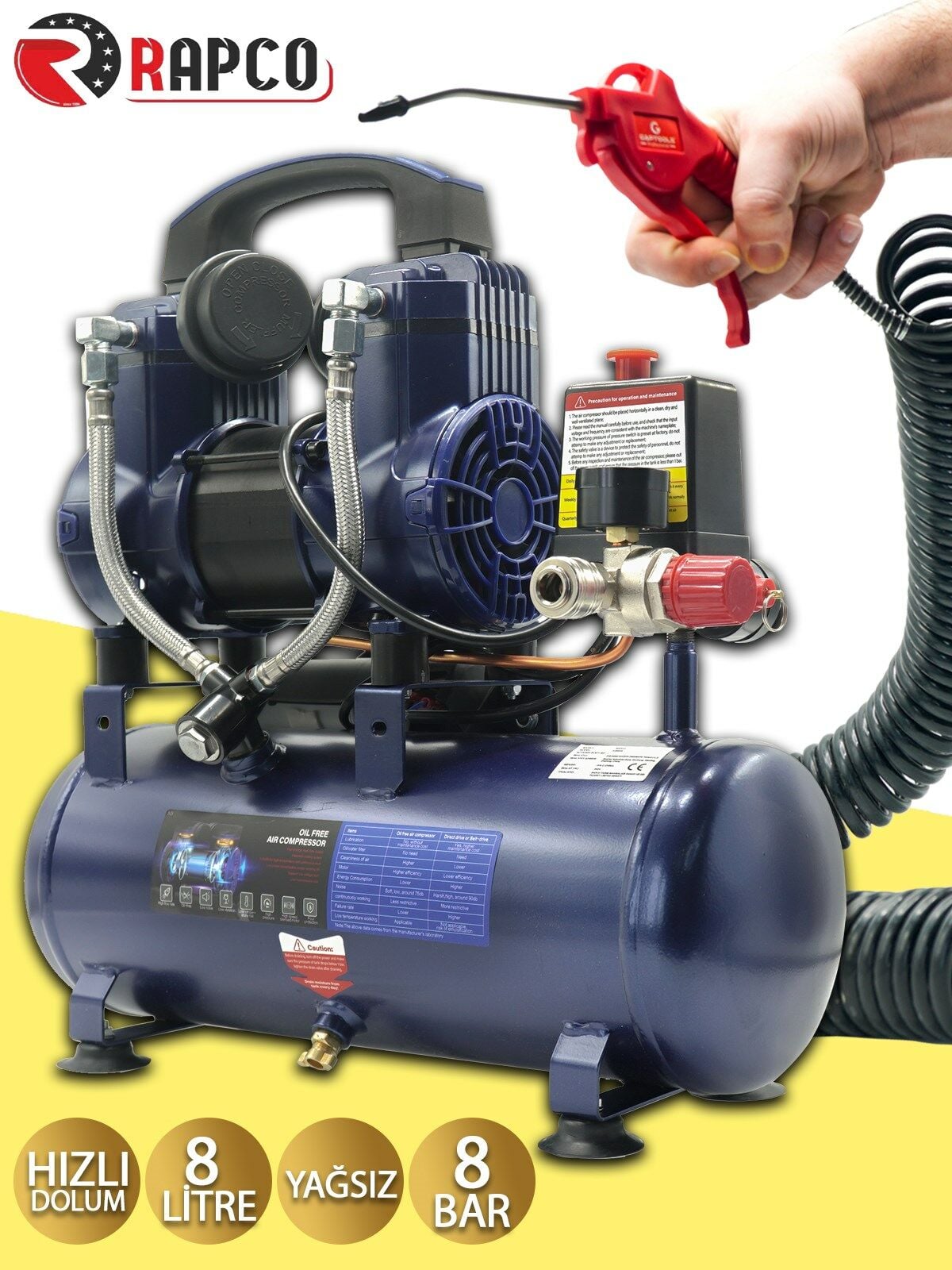 Rapco 8 Litre Yağsız Süper Hızlı Dolum Sessiz Hava Kompresörü 8 Metre Hortum Tabanca