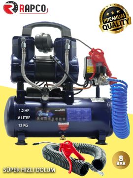 Rapco 8 Litre Yağsız Süper Hızlı Dolum Sessiz Hava Kompresörü 8 Metre Hortum Tabanca