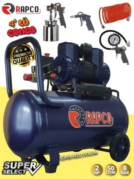 Germany Style Rapco 50 Litre Yağsız Süper Hızlı Dolum Sessiz Hava Kompresörü 4 Lü Kombo Set