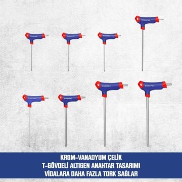 WORKPRO WP200543 8 Parça CR-V T Tipi Uzun Delikli Torx Profesyonel Allen Anahtar Takımı