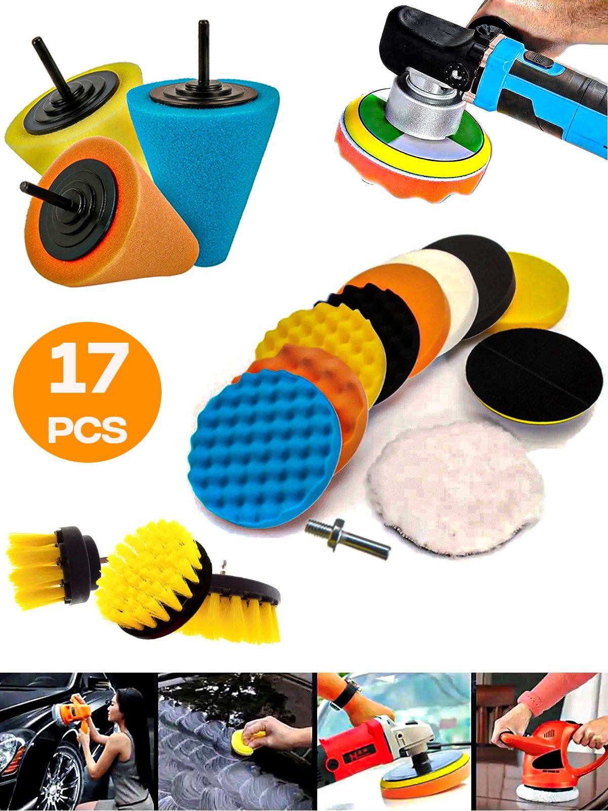 Germany Style 17 Parça  Pasta Cila Oto Jant Temizleme  Koltuk Yıkama Sünger Fırça Seti Matkapa Uyumlu Set