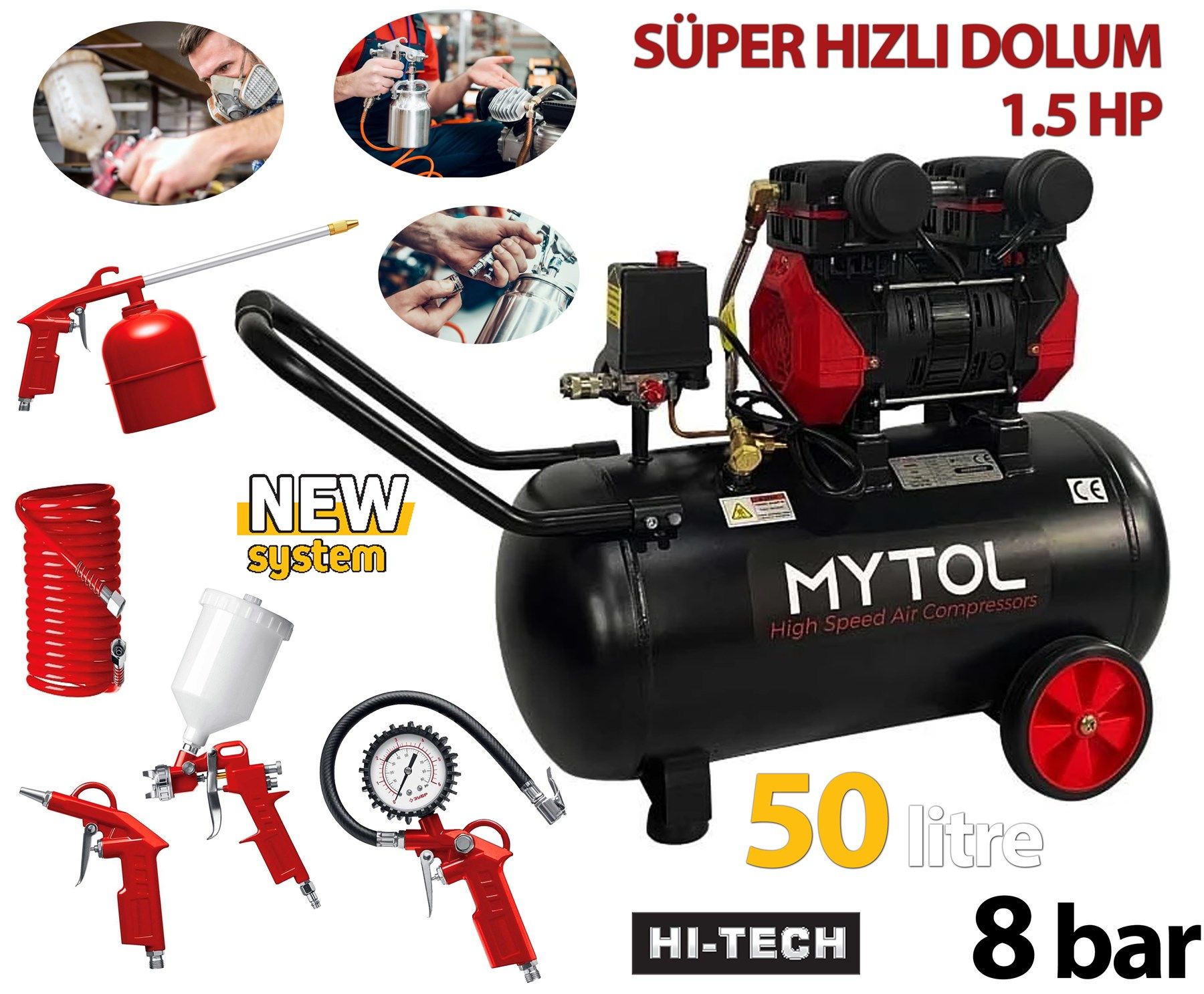 ROWEMAX Mytol 50 Litre 8 Bar Yağsız Hava Kompresörü Süper Hızlı 5 Li Havalı Setli 1 .5 Hp