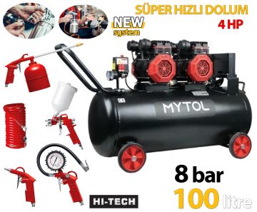 ROWERMAX Mytol 100 Litre 8 Bar Süper Hızlı Dolum 5 Li Havalı Setli Hava Kompresörü 4 HP Siyah