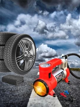 12 V Araba Oto Araç Lastik Şişirme Pompası 150 Psi + 2 Ton Şişe Kriko 2 Li Set