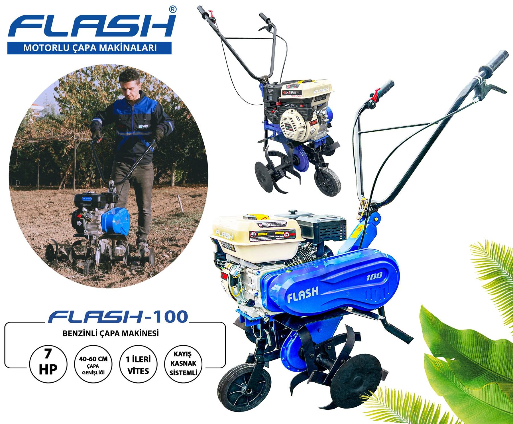 Flash 100 Benzinli Çapalama Makinası 7 Hp 4 Zamanlı Motor 60 Cm Bıçak