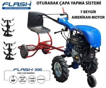 Rowermax Flash 300 7 Hp Dizel İpli Oturmalı Çapa Makinası Seti  3+1 Vites 90 cm Bıçaklı