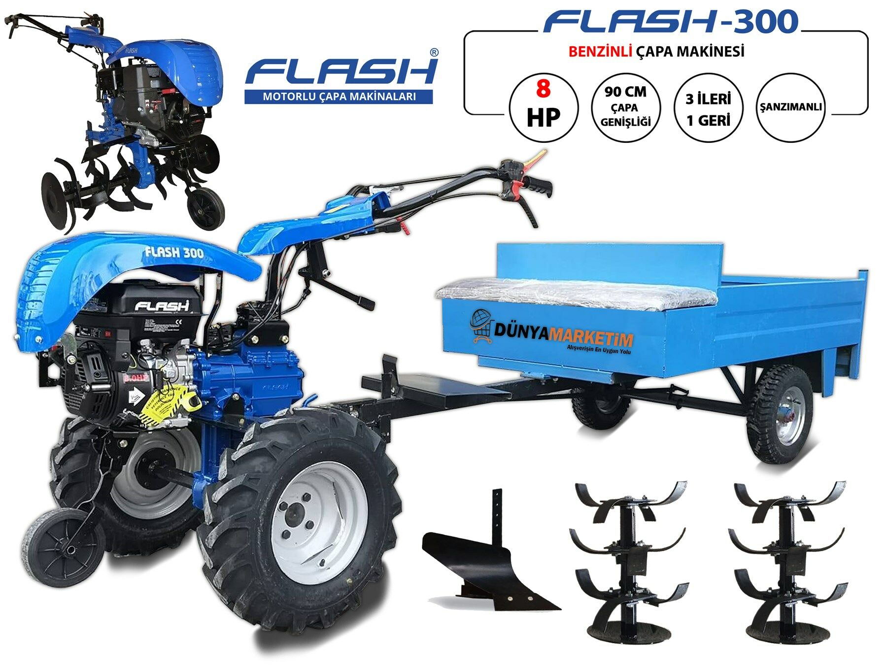 FLASH 300 8 Hp Benzinli 3+1 Vites Çapa Makinası ve Römork Seti + Pulluk