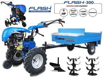 FLASH 300 8 Hp Benzinli 3+1 Vites Çapa Makinası ve Römork Seti + Pulluk