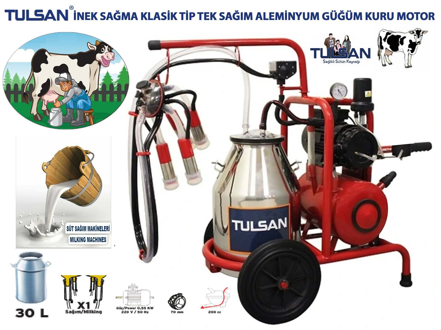 Tulsan Klasik Tip Tek Sağım İnek Sağma Makinası 30 Litre Aleminyum Güğüm Kuru Tip