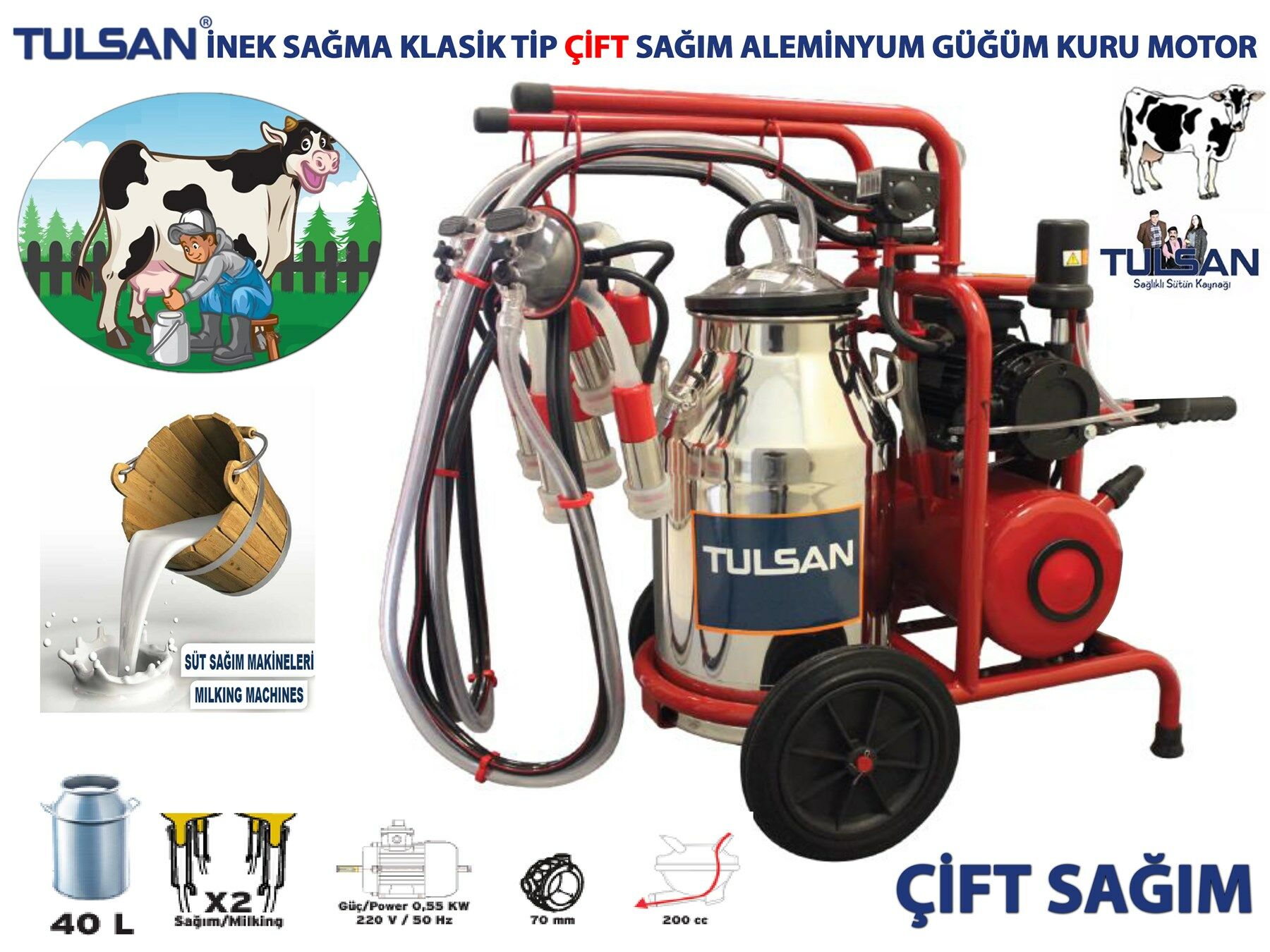 Tulsan Klasik Tip Çift Sağım İnek Sağma Makinası 40 Litre Aleminyum Güğüm Kuru Tip