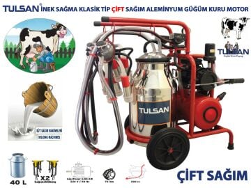 Tulsan Klasik Tip Çift Sağım İnek Sağma Makinası 40 Litre Aleminyum Güğüm Kuru Tip