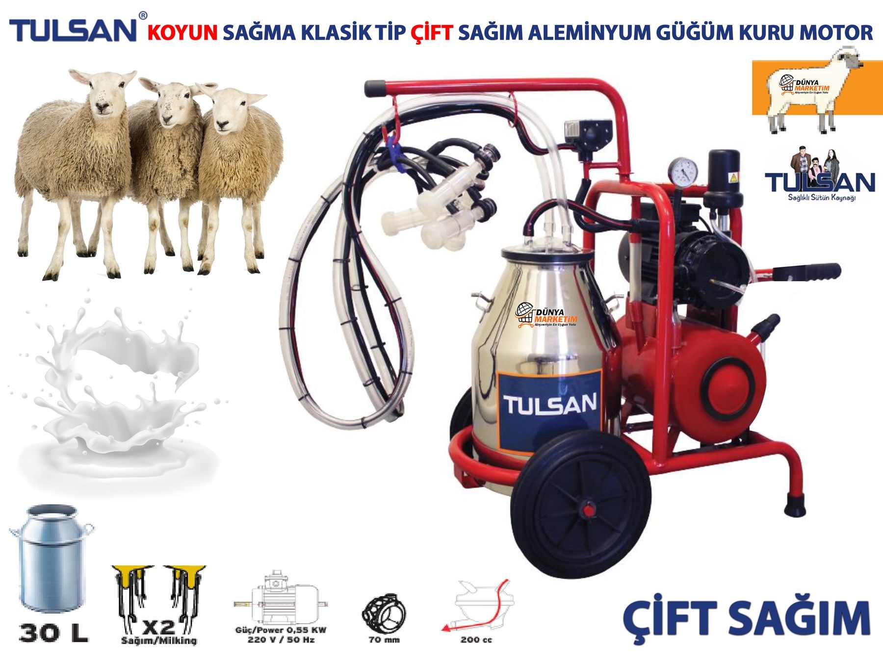 Tulsan Klasik Tip Çift Sağım Koyun Sağma Makinası Aleminyum Güğüm Kuru Tip Kuru Motor