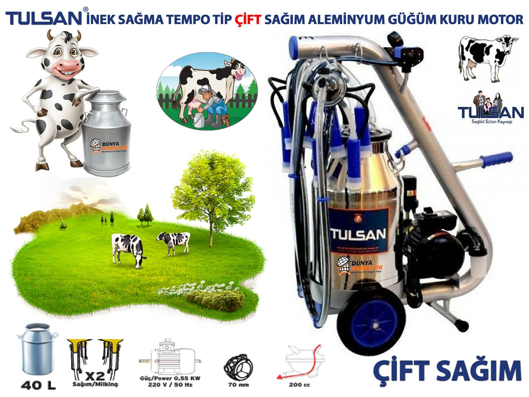 Tulsan Tempo Tip Çift Sağım İnek Sağma Makinası 40 Litre Aleminyum Güğüm Kuru Tip