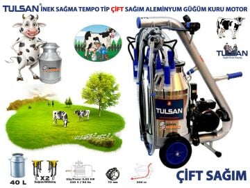 Tulsan Tempo Tip Çift Sağım İnek Sağma Makinası 40 Litre Aleminyum Güğüm Kuru Tip