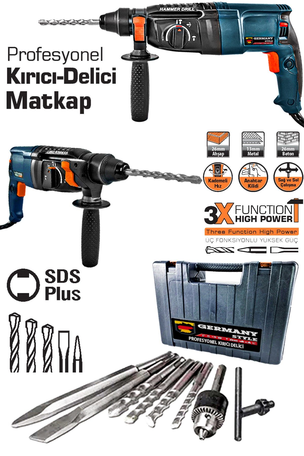 Germany Style GRM-99880VFX Kırıcı Delici 2-28mm E-Power Çelik Şanzıman Bakir Sargili Kırıcı Delici Hilti Matkap