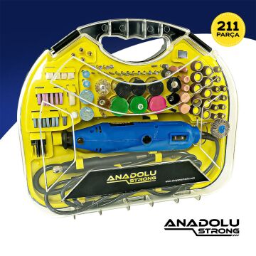 Anadolu Strong 6 Kademe Devir Ayarlı Gravür Hobi Taşlama Seti Şarft Hediyeli Çantalı 211 Parça