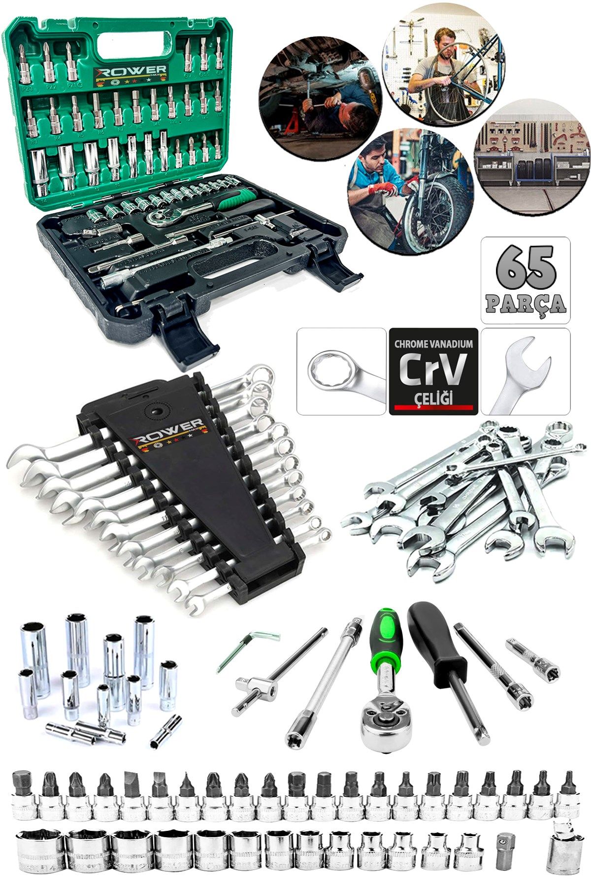 Rowermax Germany Cr-v 65 Parça 53 Lokma Takımı Otomatik Cırcırlı 1/4'' 12 Parça Kombine Açık Ağız-yıldız Anahtar Takım
