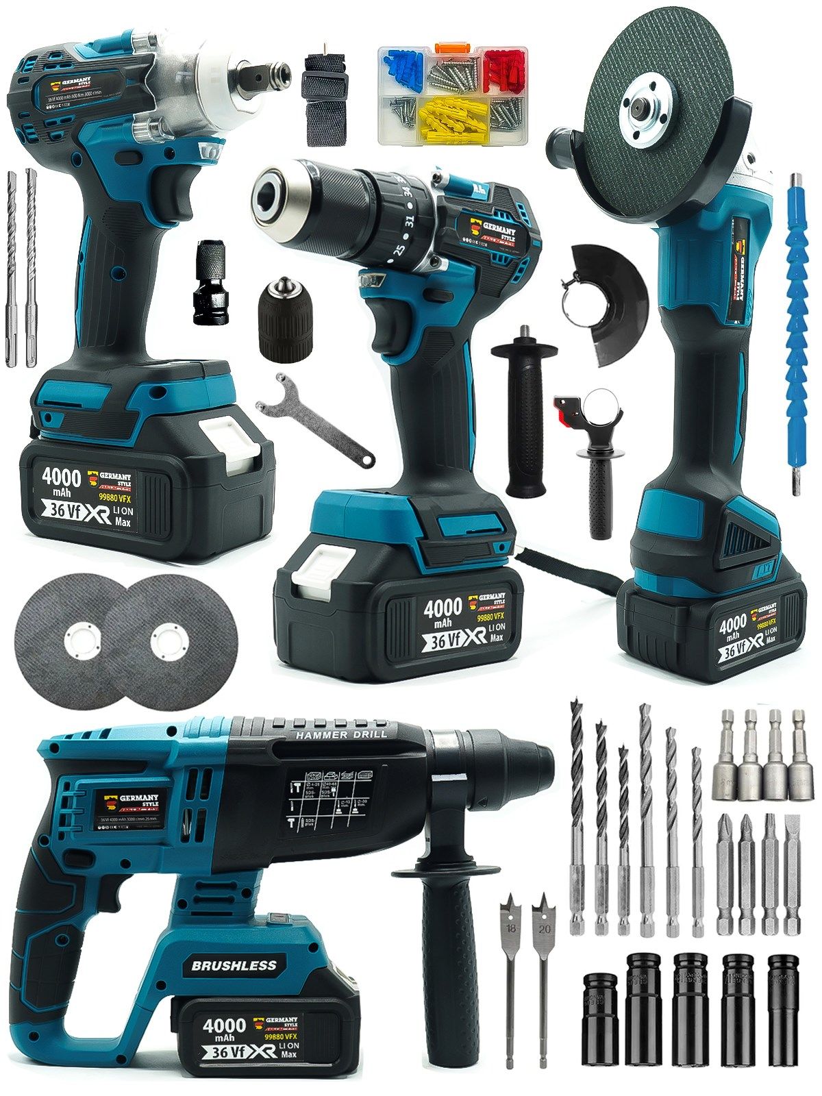 Germany Style 4 Akülü 4'lü Set Delici Kırıcı Hilti -125mm Taşlama-Somun Sökme 13mm Darbeli Matkap