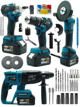 Germany Style 4 Akülü 4'lü Set Delici Kırıcı Hilti -125mm Taşlama-Somun Sökme 13mm Darbeli Matkap