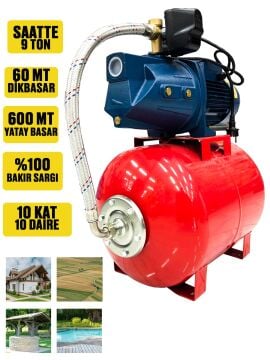Germany Style  ibeltech 50 Litre 2 Hp Bakır Sargı Jet Pompalı Elektrikli Hidrofor 10 Kat 10 Daireye Yeterli