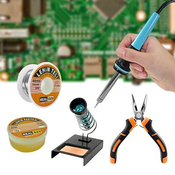 Kalem Havya 60W Lehim Makinası ve Lehim Standı Pasta Seti ve Mini Kargaburun 5 Parça Tamir Set