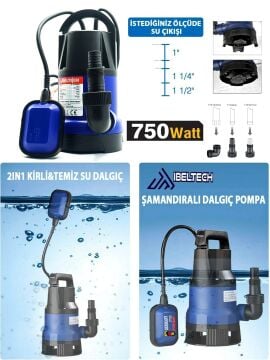 2in1 Kombine Dalgıç Pompa QSB750 İbeltech 750W Plastik Gövdeli Kirli ve Temiz Su Dalgıç Pompası