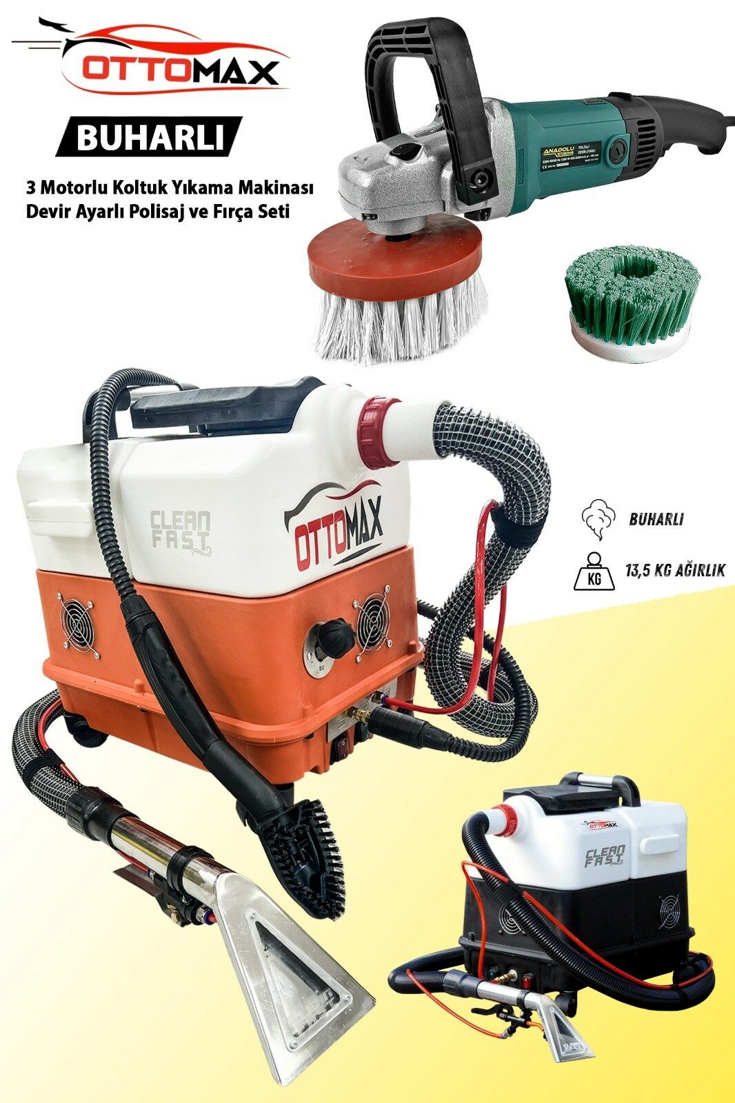 Ottomax 3 Motorlu Cleanfast Buharlı Halı ve Koltuk Yıkama Makinesi ve Koltuk Fırçalama Seti