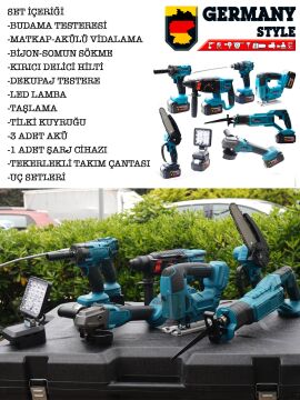 Germany Style Pro-Qt 3 Akülü 8'li Süper Set Taşlama-Matkap-Kırıcı-Bijon Sökme-Tilki Kuyruğu-Budama Testeresi