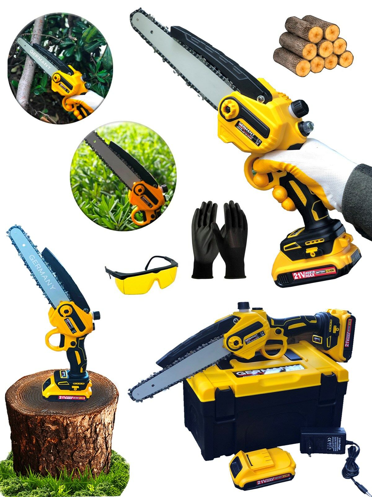 Germany Style 21V Çift Akülü Budama Testeresi En Uzun Palalı 24 Cm Eldiven Gözlük Hediyeli