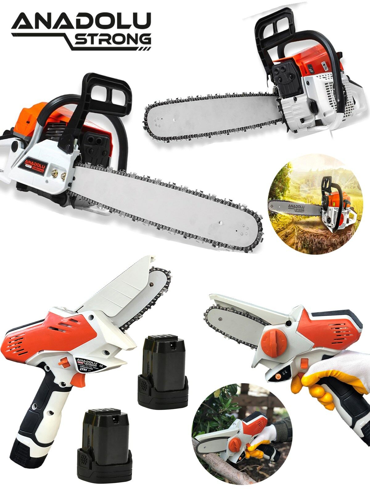 Anadolustrong 2.9hp Benzinli Motorlu Testere 45cm Palalı +Çift Akülü  Dal Budama Testeresi  Set