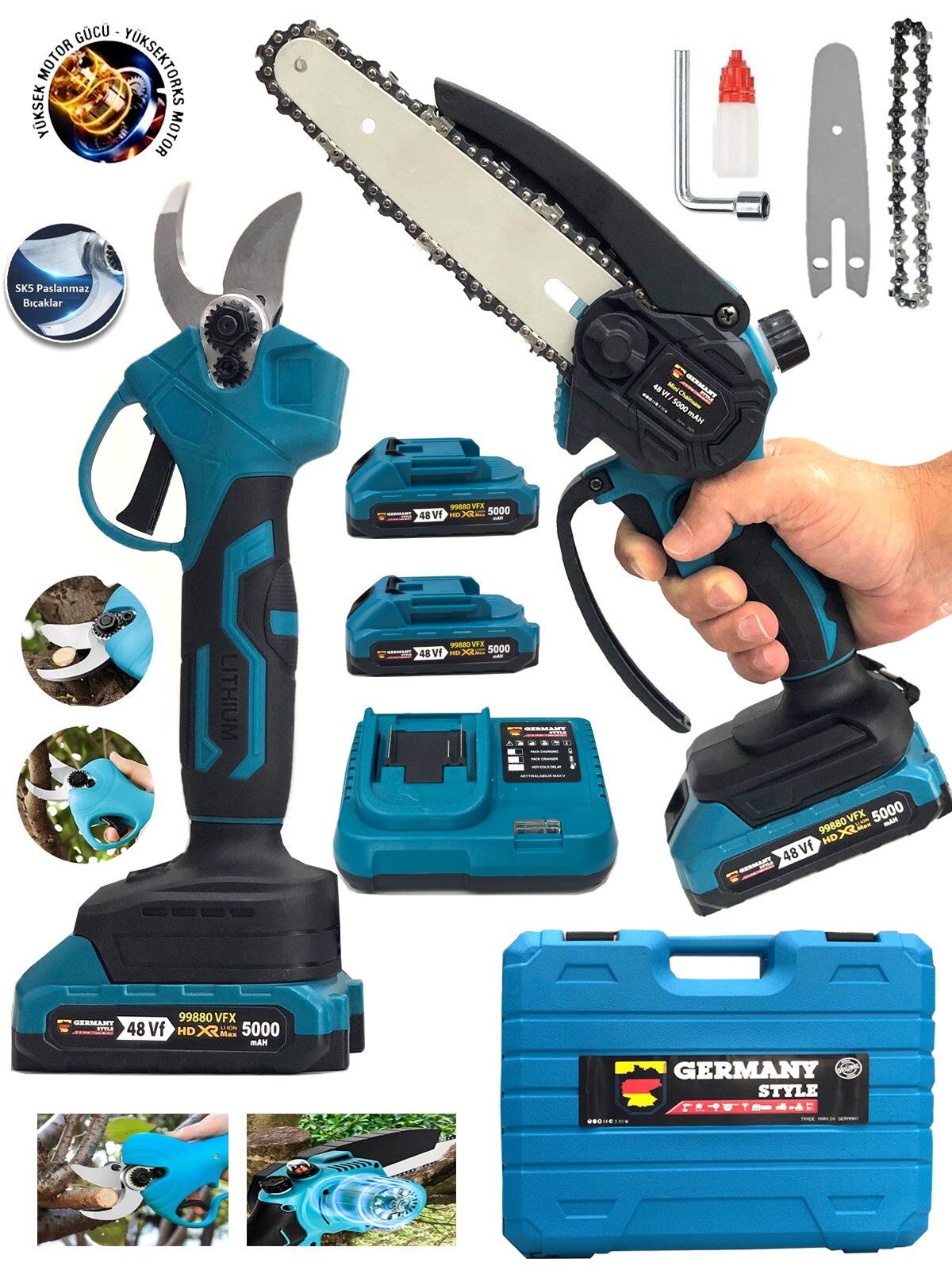 Germany Style GRM 99880 Çift Akülü 2 Li Set Şarjlı Ağaç Dal Kesme Ve Budama Makası Testere