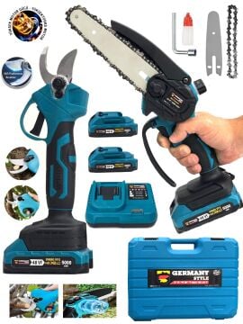 Germany Style GRM 99880 Çift Akülü 2 Li Set Şarjlı Ağaç Dal Kesme Ve Budama Makası Testere