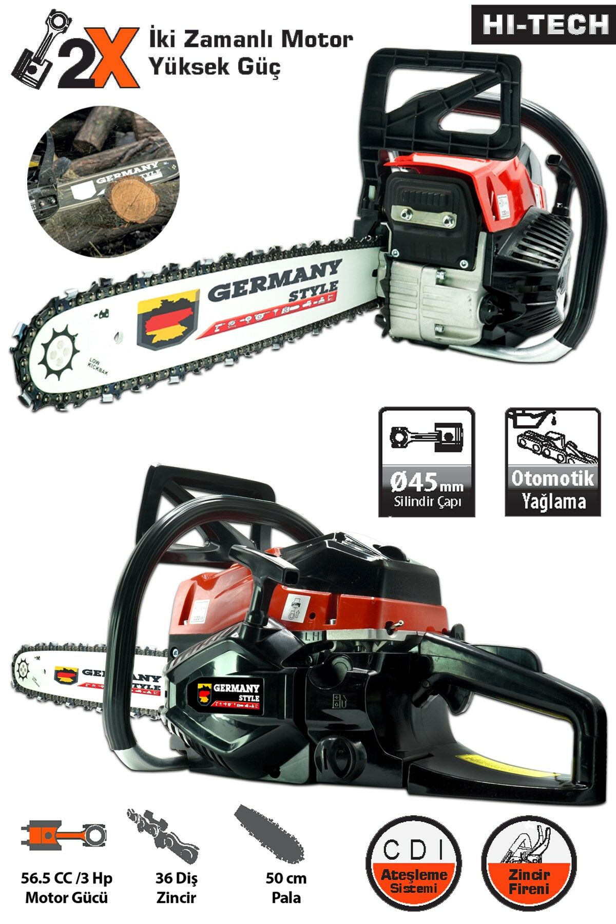 Germany Style Alman MS3550 56.5 cc 3 Hp 50 Cm Palalı 36 Diş Zincir Benzinli Testere