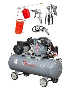 Gap | 100 Lt 2 Kafa 8 Bar Pistonlu Hava Kompresörü 3 HP 5'li Havalı Set