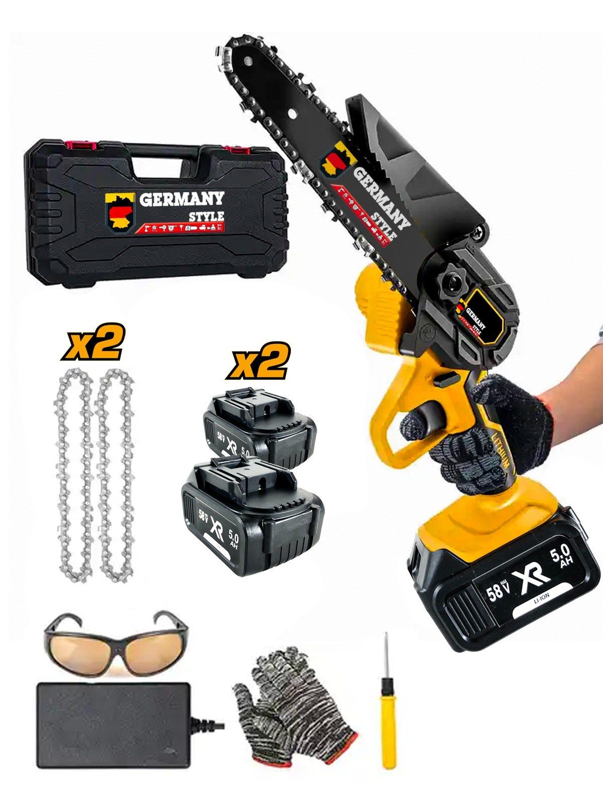 Germany Style Dal Budama Makinesi Şarjlı El Testeresi Çift Zincir Çift Batarya Premium Seri 58 VF