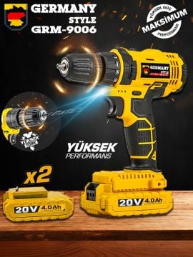 Germany Style GRM9006 20V 4 Ah Çift Li-ion Bataryalı 2 Vitesli Yüksek Torklu Akülü Vidalama Matkap