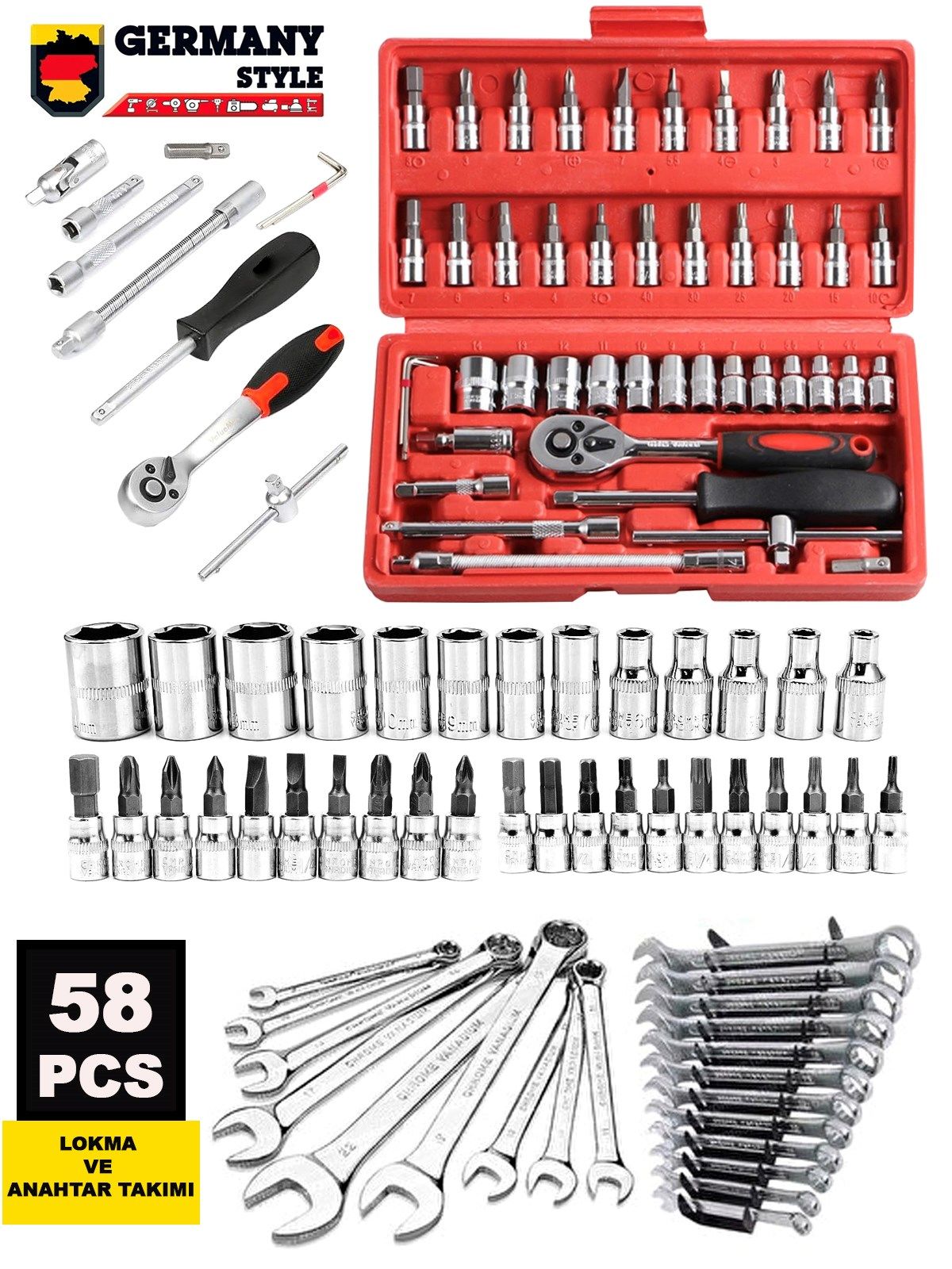 Germany Style  58 Parça 46mini Lokma Takımı Otomatik Cırcırlı 1/4'' 12 Parça Kombine