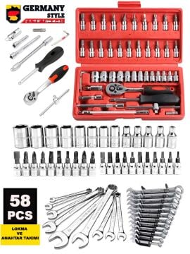 Germany Style  58 Parça 46mini Lokma Takımı Otomatik Cırcırlı 1/4'' 12 Parça Kombine