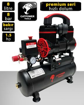 Catpower ROWCAT 1110 Sessiz Yağsız 8 Lt Kompresör 1.5 Hp 5 Parça Havalı Set Premium Seri Hızlı Dolum
