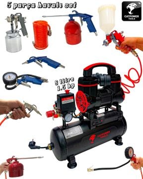 Catpower ROWCAT 1110 Sessiz Yağsız 8 Lt Kompresör 1.5 Hp 5 Parça Havalı Set Premium Seri Hızlı Dolum