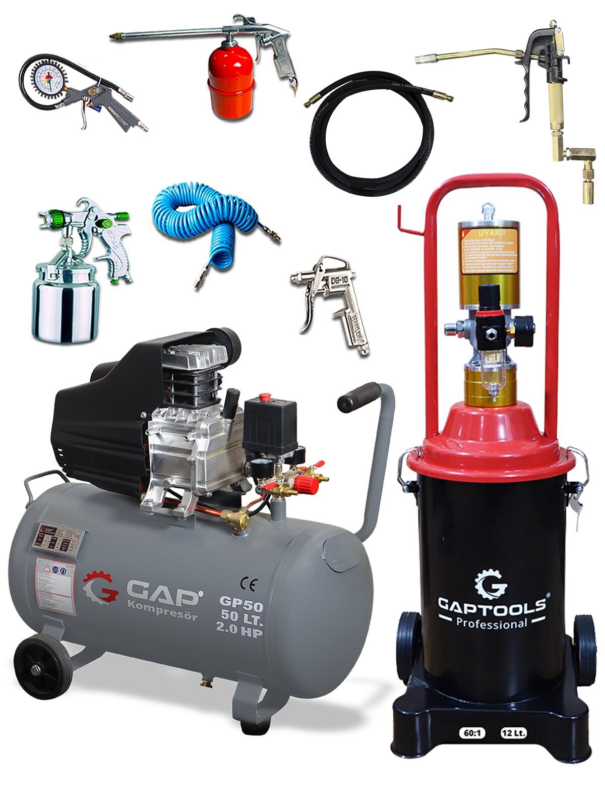 Rowermax Gap 12 Litre Yağlama ve Kompresör Seti 5 Parça Havalı Setli 50 Litre Kompresör ve 12 Litre Gres