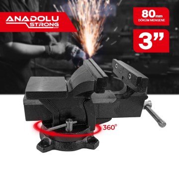 Anadolu Strong Büyük Boy 80mm 3'' 360'' Dönerli Taban Dövme Çelik Sabit Tezgah Masa Mengenesi