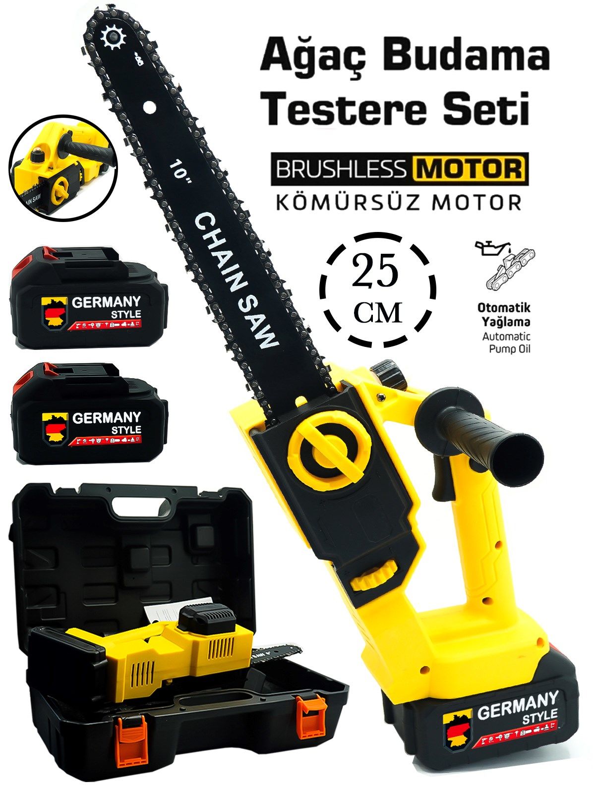 Germany Style Pro Kömürsüz Motor Otomatik Yağlamalı 25 cm Palalı Şarjlı Dal Budama Testeresi