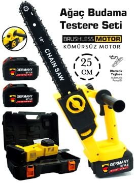 Germany Style Pro Kömürsüz Motor Otomatik Yağlamalı 25 cm Palalı Şarjlı Dal Budama Testeresi