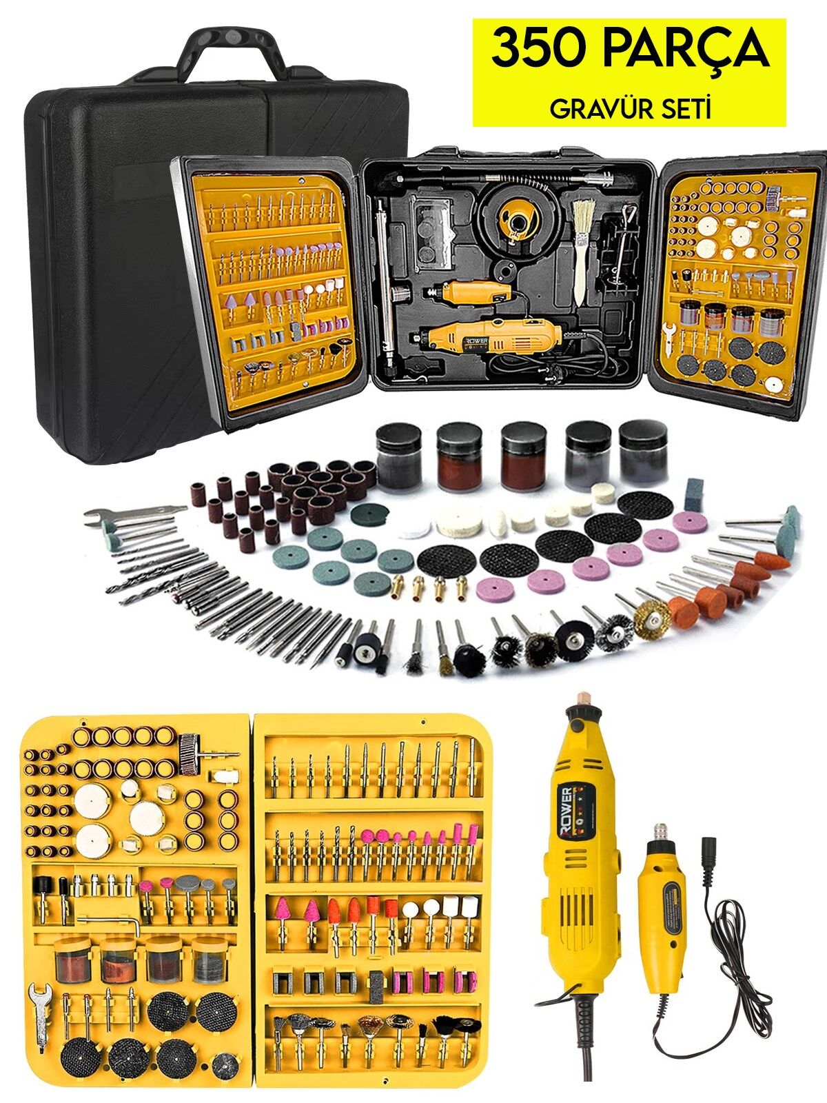 Rowermax 350 Parça  Çift Makinalı Gravür Oyma Dremel Taşlama Zımpara 130 W