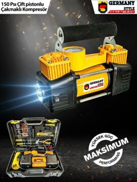 Çift Pistonlu 12V 150PSİ DK85 Lt Araç Araba Lastik Bot Şişirme Kompresörü Lastik Tamir Kiti Hediyeli